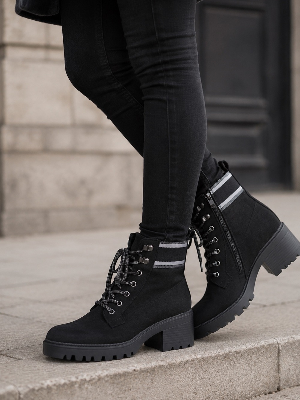 Black Lace-Up Chunky Heel Ankle Boots - Women